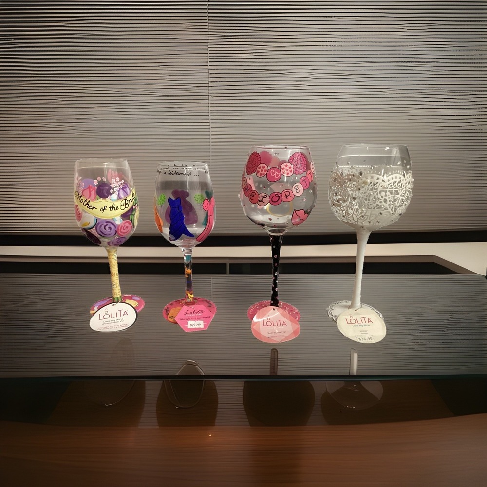 Lot Of 4 Lolita Wedding Wine Glasses-Bride Bachelorette Bridesmaid Mother Of Bri